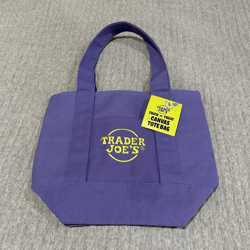 Trader Joe's Trick-or-Treat Foldable Mini Canvas Tote Bag Purple Solid 13x9x5 in